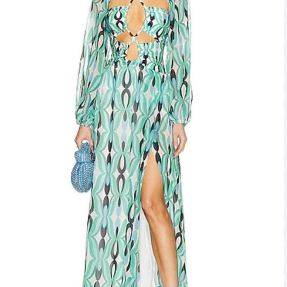 PatBO Green Maxi Dress with Plunge Neckline and Bishop Sleeves L